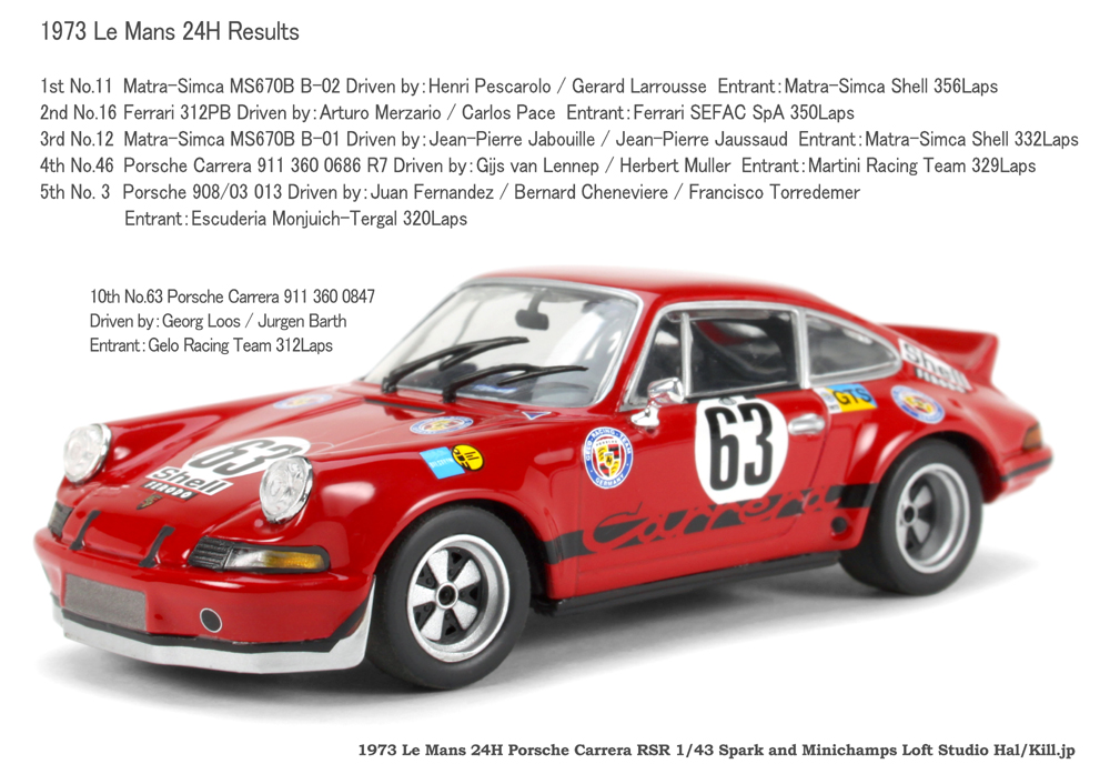 1973 Le Mans 24H 10th No.63 Porsche Carrera 911 360 0847 1/43 Minichamps