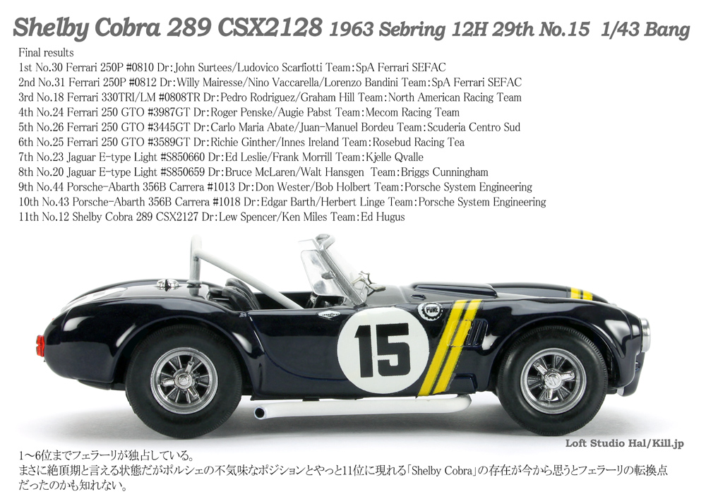 1/43 Shelby Cobra 289 CSX2128 1963 Sebring 12H 29th No.15 Bang